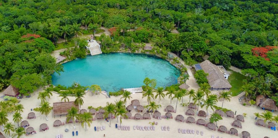 Aerial view of Chankanaab lagoon, with beach and forest